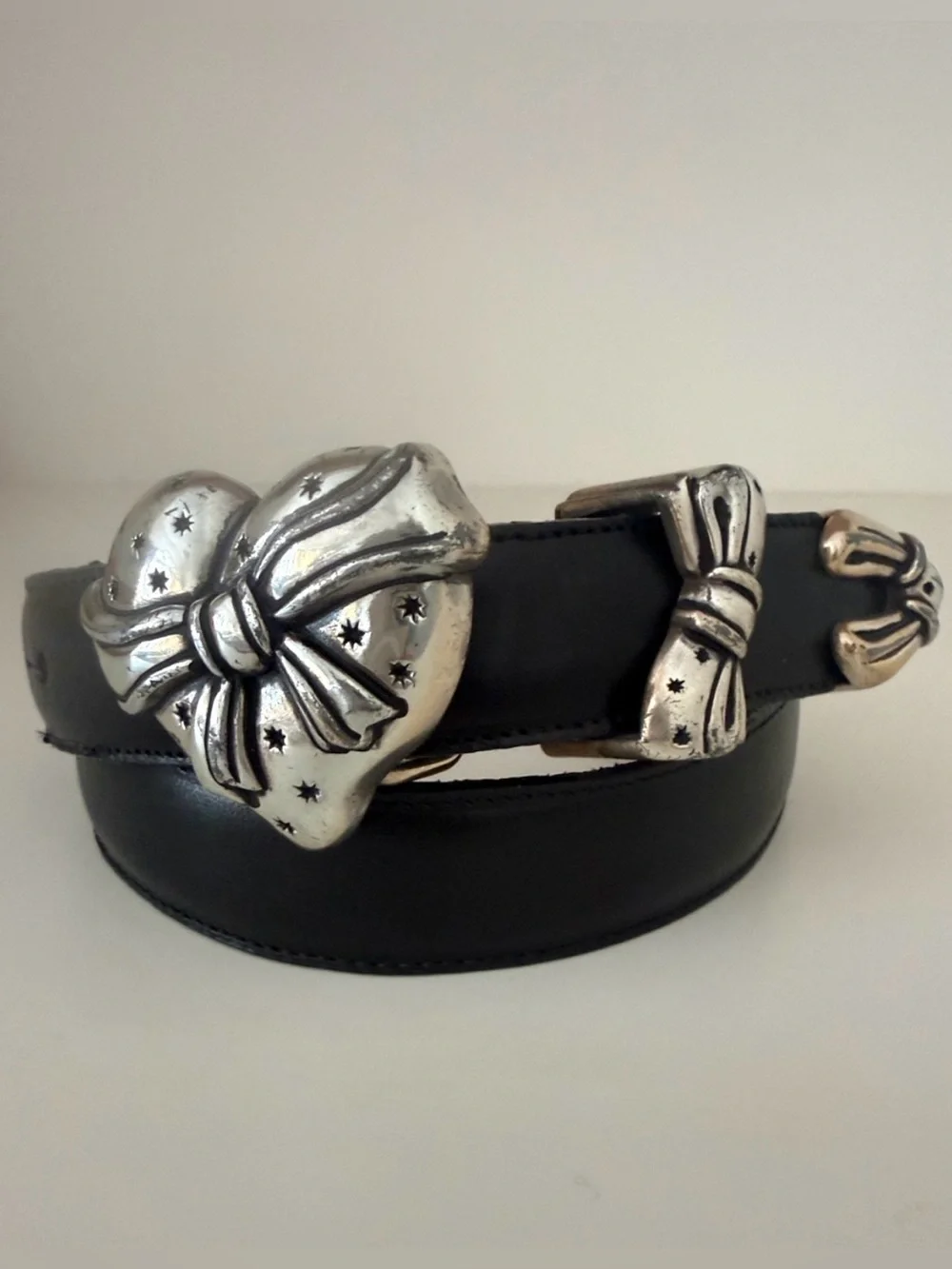Brighton Leather Belt with Heart and Bow Buckle Black and Silver Vintage Size M